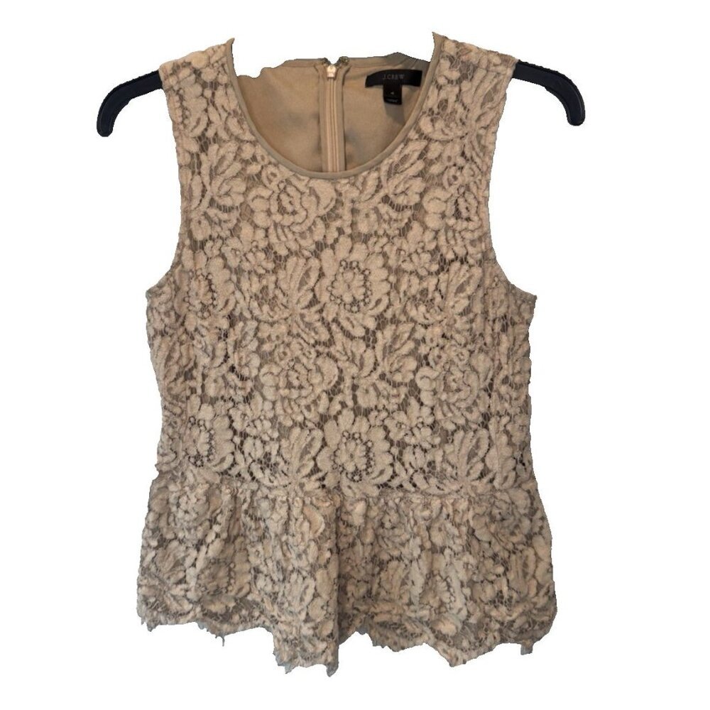 J Crew Womens Tan Sleeveless Lace Peplum Top 4 Coquette Feminine Cottagecore